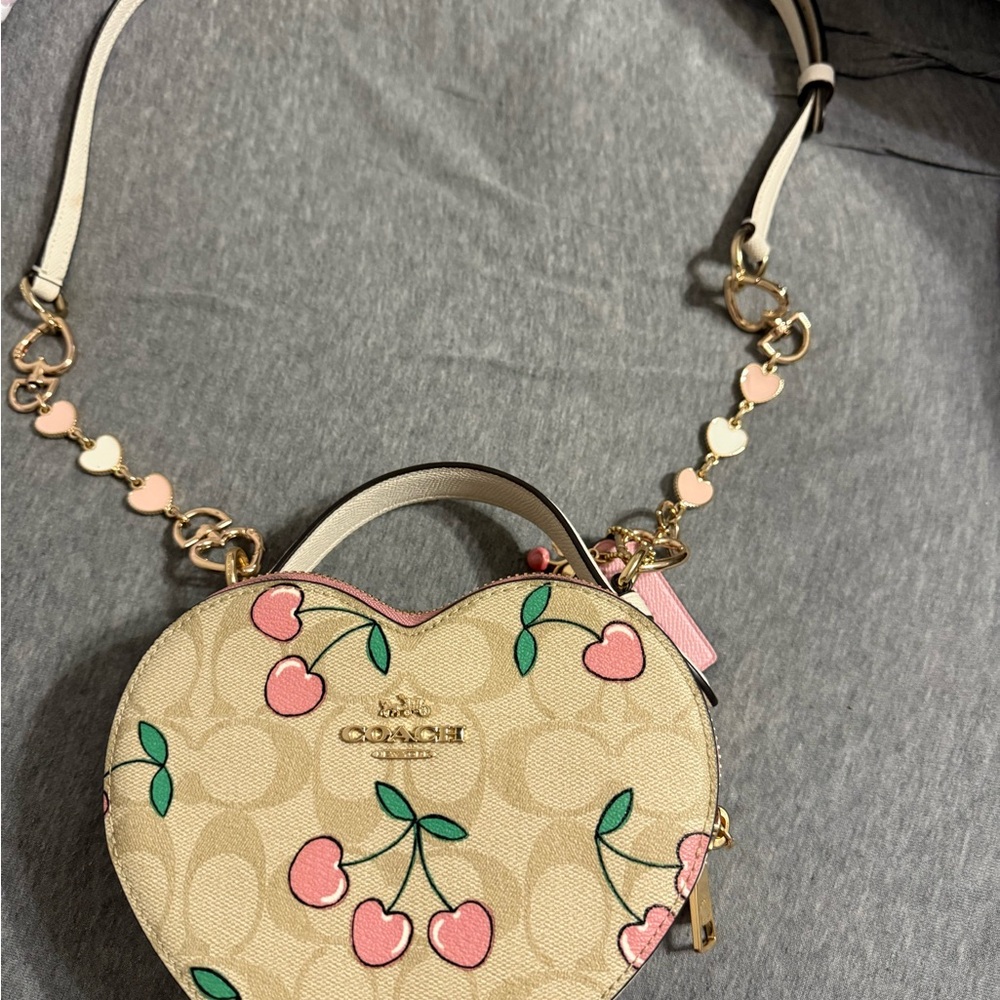 Coach Light Beige Cherry Print Handbag with Chain Handle